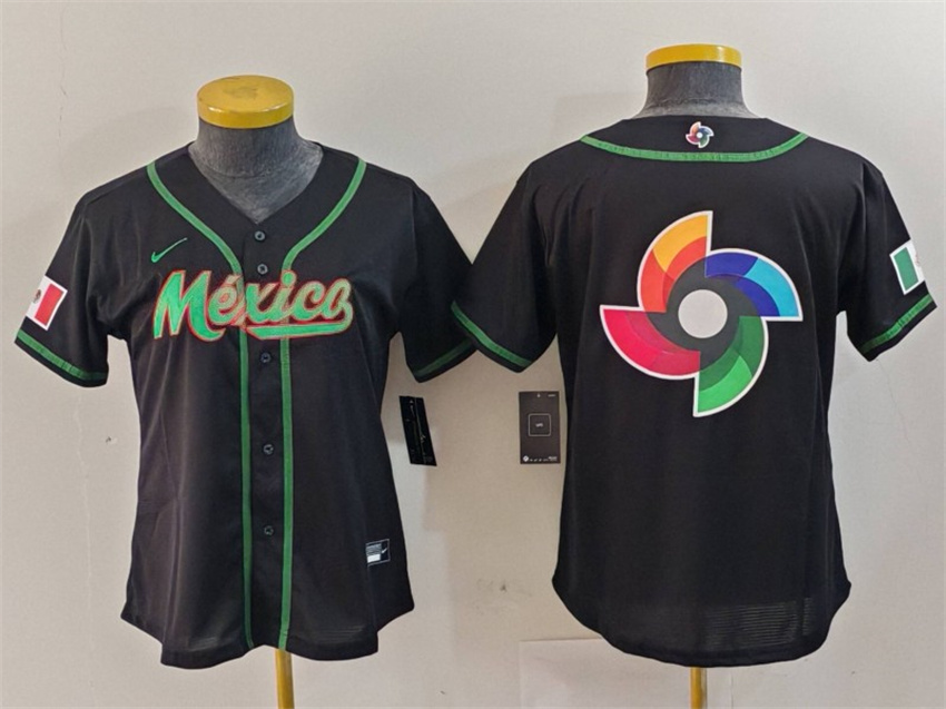 Women's Black Mexico Baseball Team Big Logo 2023 World Baseball Classic Stitched Jersey(Run Small)